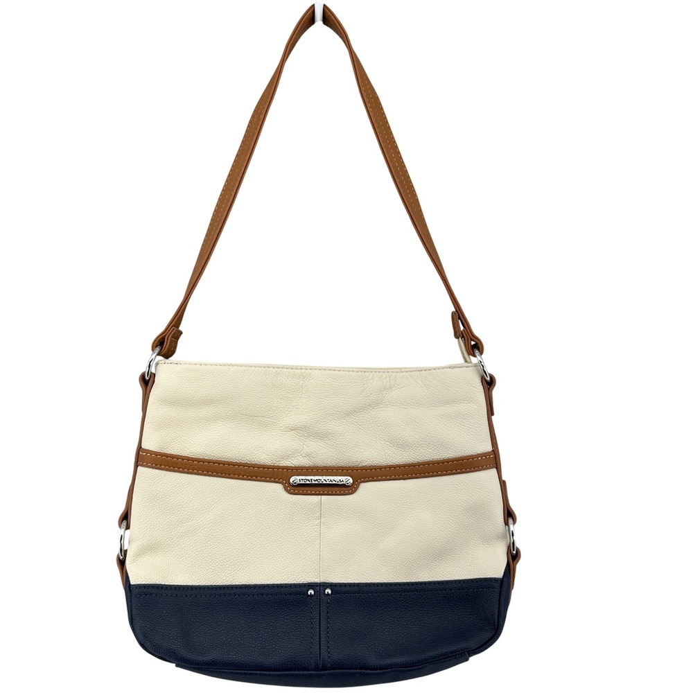 Stone Mountain USA Leather Shoulder Bag Cream Navy Blue Colorblock Handbag